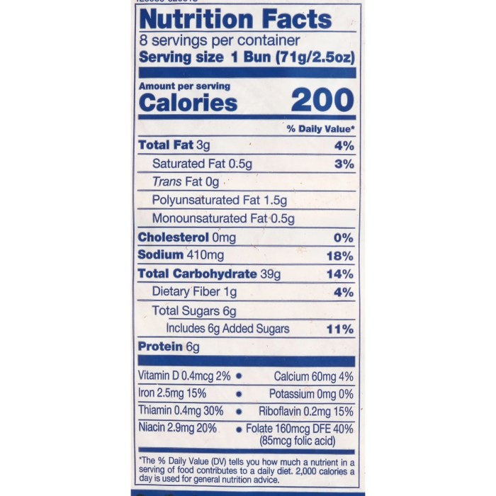 Nutrition facts for hamburger bun